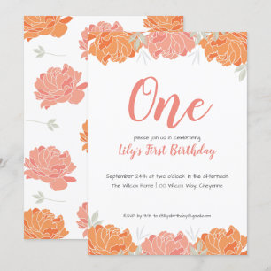 Cute Pastel Peonies Baby Girl's 1st Birthday Party Invitation