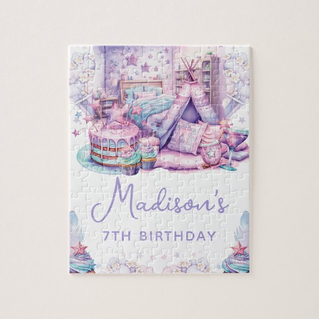 Cute Pastel Personalized Sleepover Birthday Jigsaw Puzzle (Vertical)