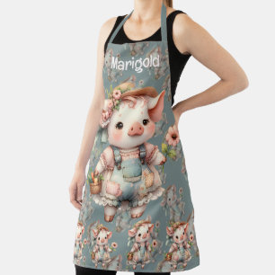 Cute Pastel Piglet in Cottagecore Overalls Apron