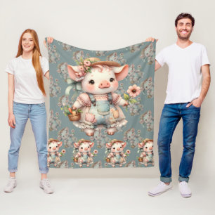 Cute Pastel Piglet in Cottagecore Overalls  Fleece Blanket