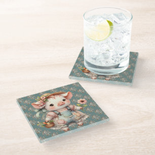 Cute Pastel Piglet in Cottagecore Overalls Glass Coaster