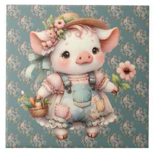 Cute Pastel Piglet in Cottagecore Overalls Tile