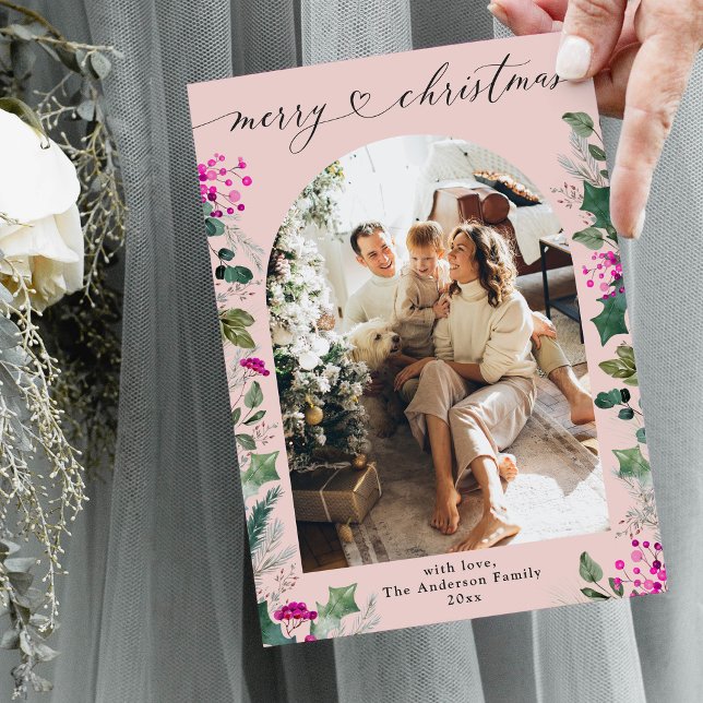Cute Pastel Pink 1 Photo Arch Christmas Card (Creator Uploaded)