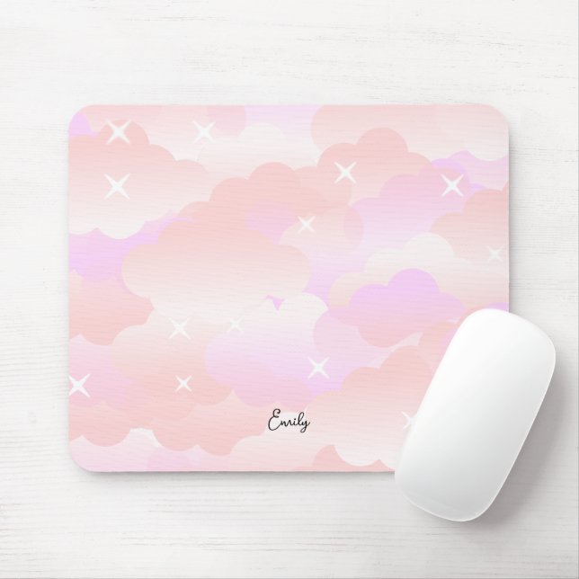 Cute Pastel Pink Aesthetic Cloud Stars Custom Mouse Pad (With Mouse)