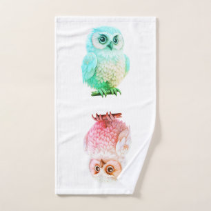 Cute Pastel Pink and Blue Cartoon Owl Bath Towel Set