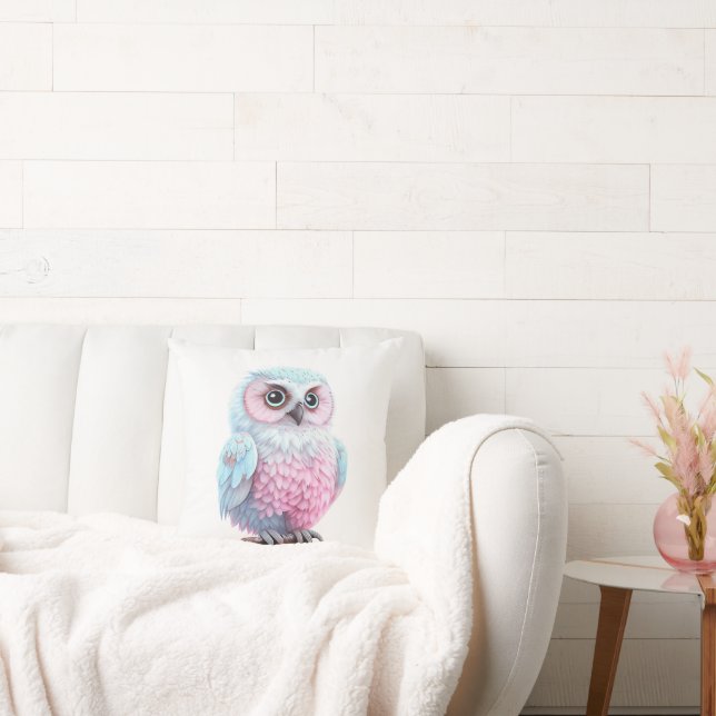 Cute Pastel Pink and Blue Cartoon Owl Throw Pillow (Couch)