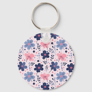 Cute Pastel Pink And Blue Floral Spring Garden Keychain