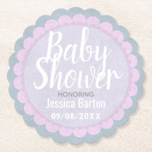 Cute Pastel Pink and Grey Custom Baby Shower Paper Coaster