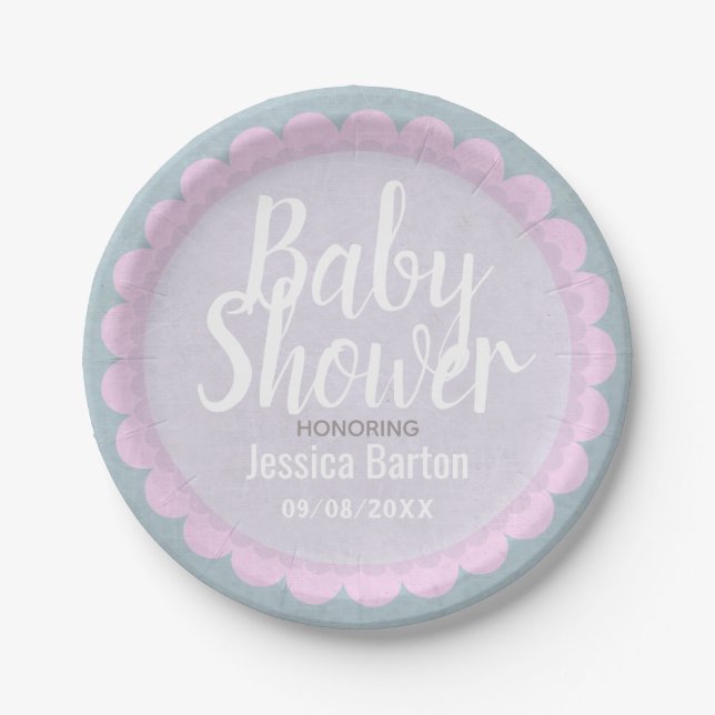Cute Pastel Pink and Grey Custom Baby Shower Paper Plate (Front)