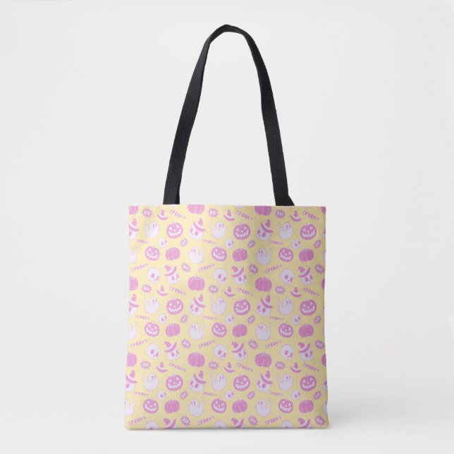 Cute Pastel Pink and Yellow Spooky Halloween Tote Bag (Front)
