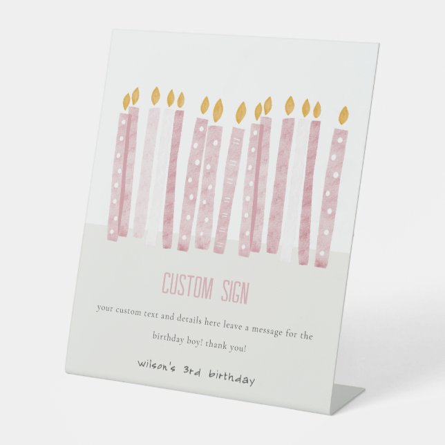 Cute Pastel Pink Birthday Candles Custom Party Pedestal Sign (Front)