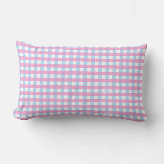 Cute Pastel Pink Blue Gingham Check Lumbar Pillow (Front)