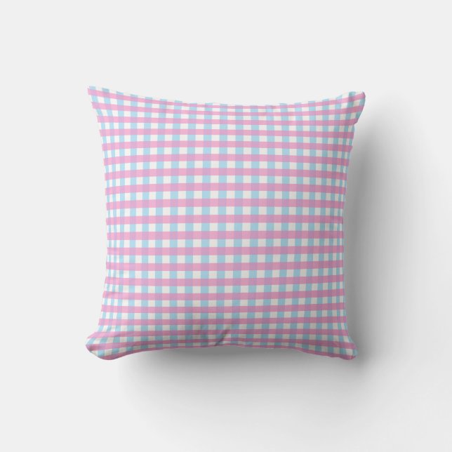 Cute Pastel Pink Blue Gingham Check Throw Pillow (Front)