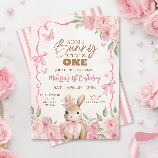 Cute Pastel Pink Bunny Floral Birthday  Invitation (Creator Uploaded)