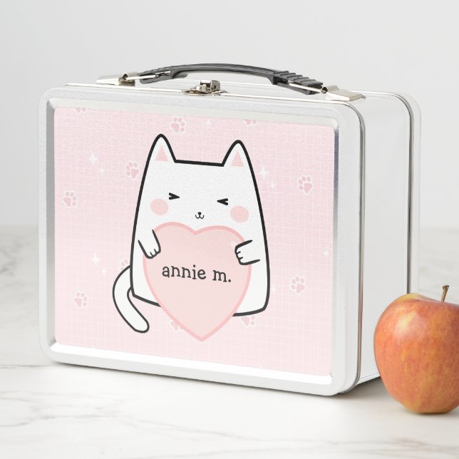 Cute Pastel Pink Cat Kawaii Sparkle Kitty Metal Lunch Box (In Situ)