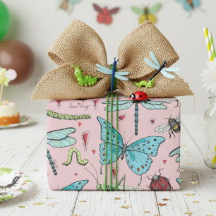 Cute Pastel Pink Colourful Insects Love Bug Wrapping Paper