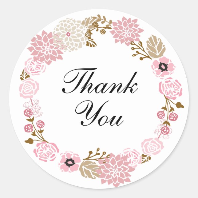 Cute Pastel Pink Floral Wreath Thank You Classic Round Sticker (Front)
