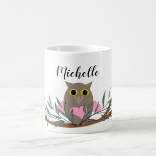 Cute Pastel Pink Heart Owl On Branch Personalized  Coffee Mug