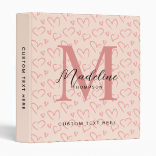 Cute Pastel Pink Heart Pattern Script Monogram Binder