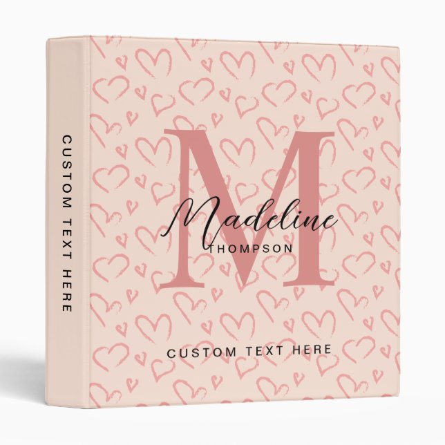 Cute Pastel Pink Heart Pattern Script Monogram Binder (Front/Spine)