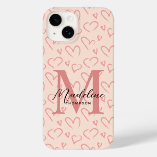 Cute Pastel Pink Heart Pattern Script Monogram Case-Mate iPhone 14 Case