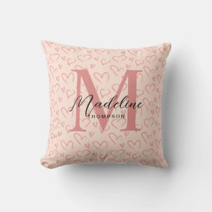 Cute Pastel Pink Heart Pattern Script Monogram Throw Pillow