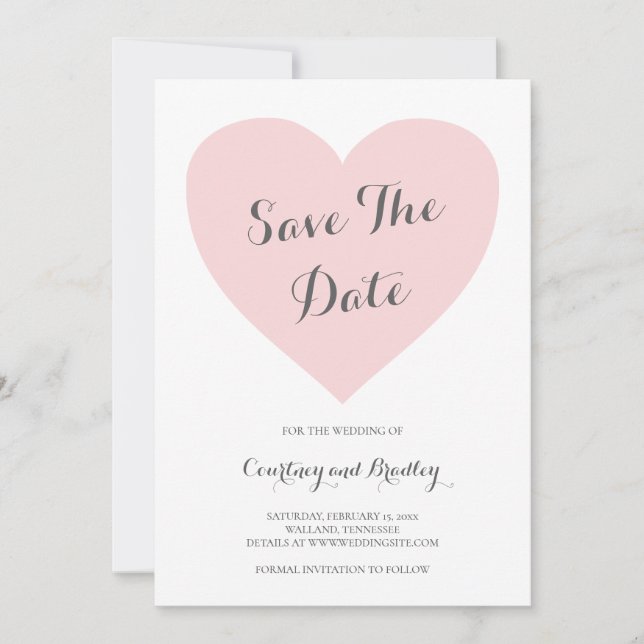 Cute Pastel Pink Heart Typography Wedding Save The Date (Front)