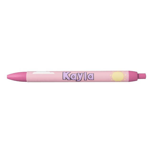 Cute Pastel Pink Name Clouds School Student Black Ink Pen (Front)