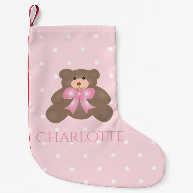 Cute Pastel Pink Ribbon Sweet Teddy Bear Baby Girl Small Christmas Stocking (Front)