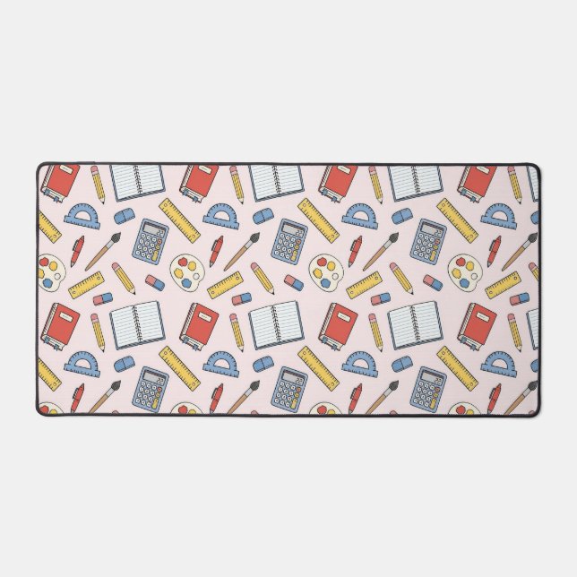 Cute Pastel Pink School Supplies Pattern Aesthetic Desk Mat (Front)