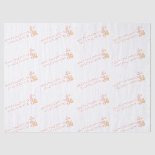 Cute Pastel Pink Teddy Bear 3 years Gift wrap Tissue Paper (Front)