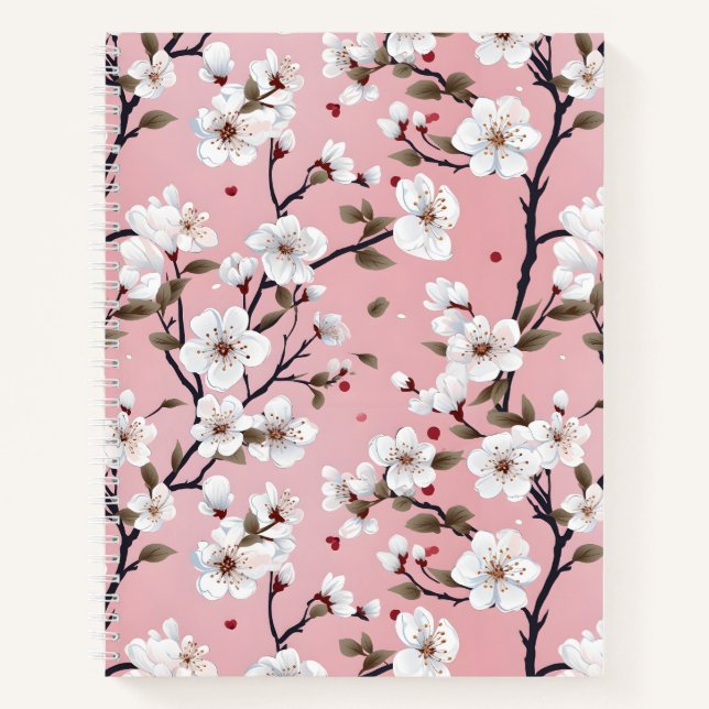 Cute Pastel Pink White Sakura Tree Branch Asian Notebook (Front)