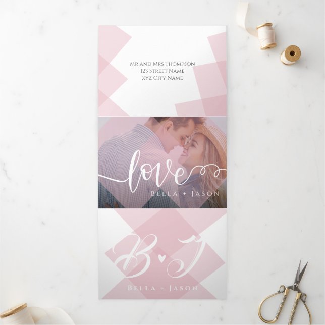 Cute Pastel Pink White Script Multi Photo Wedding Tri-Fold Invitation (Outside)