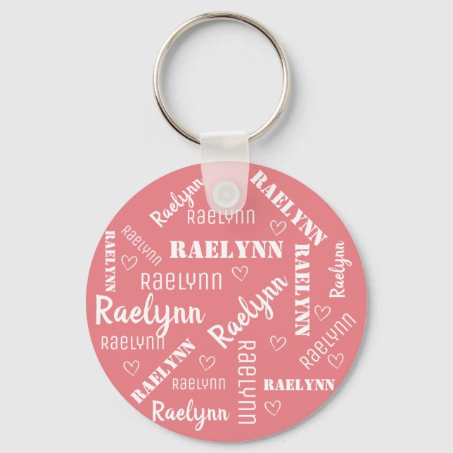 Cute Pastel Pink Word Art Cloud Heart Name Custom Keychain (Front)