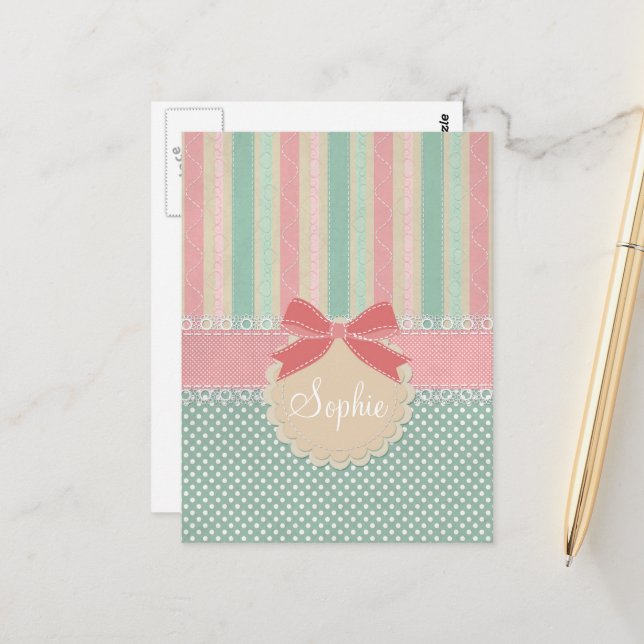 Cute Pastel Polka Dot & Stripes Design Postcard (Front/Back In Situ)