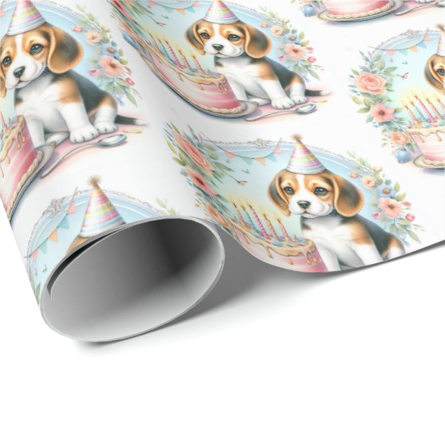 Cute Pastel Puppy Beagle - Birthday  Wrapping Paper (Roll Corner)