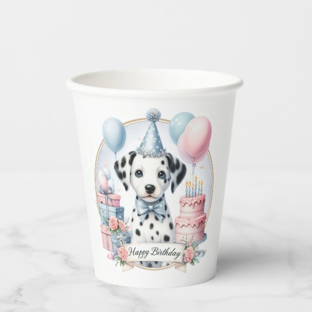 Cute Pastel Puppy Dalmatian - Birthday  Paper Cups (Front)