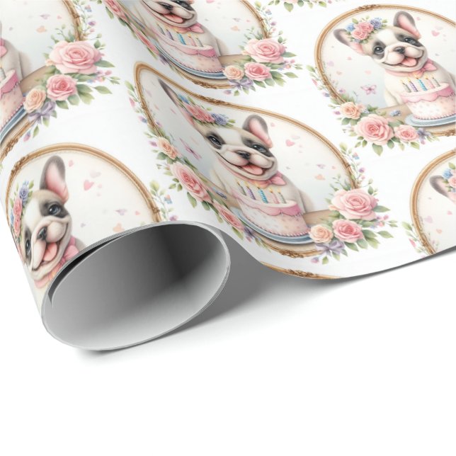 Cute Pastel Puppy French Bulldog - Birthday  Wrapping Paper (Roll Corner)