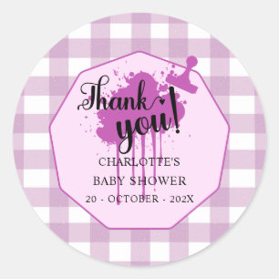 Cute Pastel Purple Gingham Baby Shower Classic Round Sticker