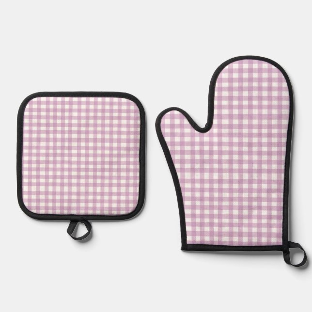 Cute Pastel Purple Gingham Oven Mitt & Pot Holder Set (Front)