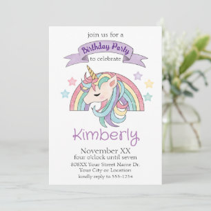 Cute Pastel Rainbow and Sparkly Unicorn Party Invitation