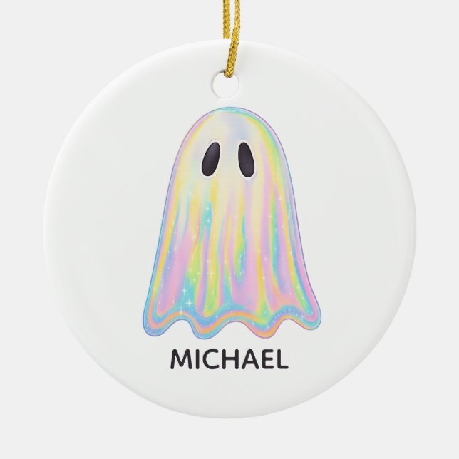 Cute Pastel Rainbow Ghost | Aesthetic Spooky Ceramic Ornament (Front)
