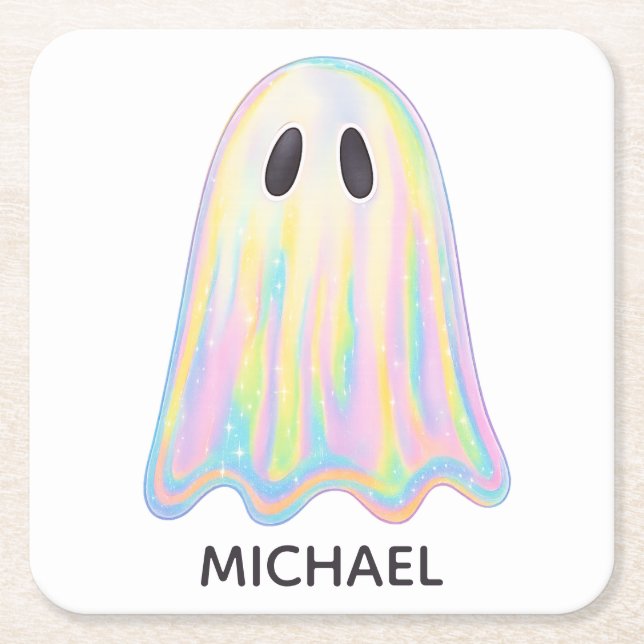Cute Pastel Rainbow Ghost | Aesthetic Spooky Square Paper Coaster (Front)