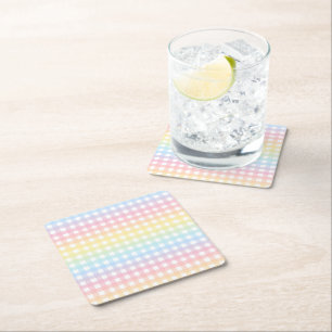 Cute Pastel Rainbow Gingham Plaid Square Paper Coaster