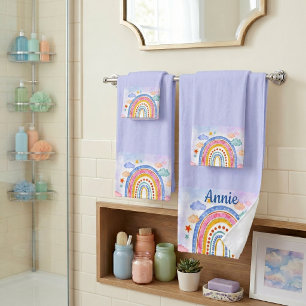 Cute pastel rainbow personalized bath towel set