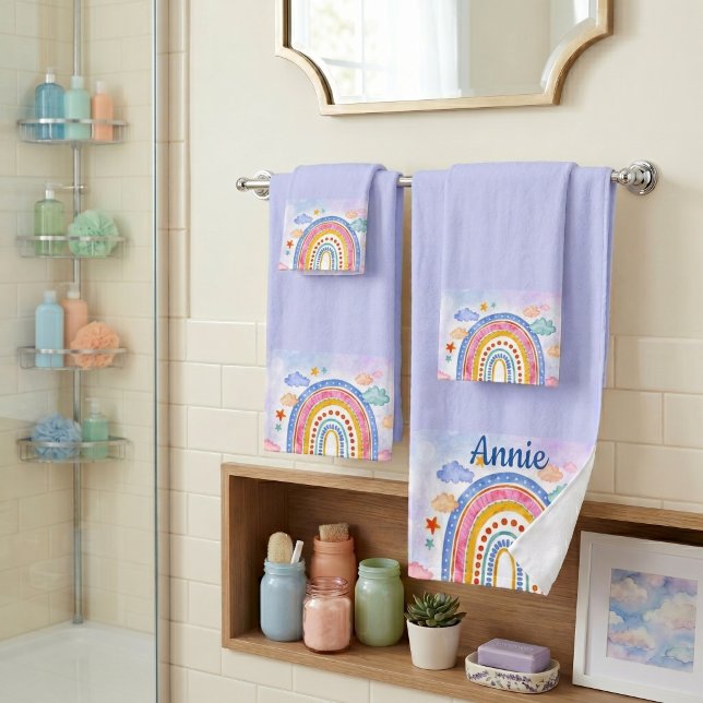Cute pastel rainbow personalized  bath towel set (Creator Uploaded)