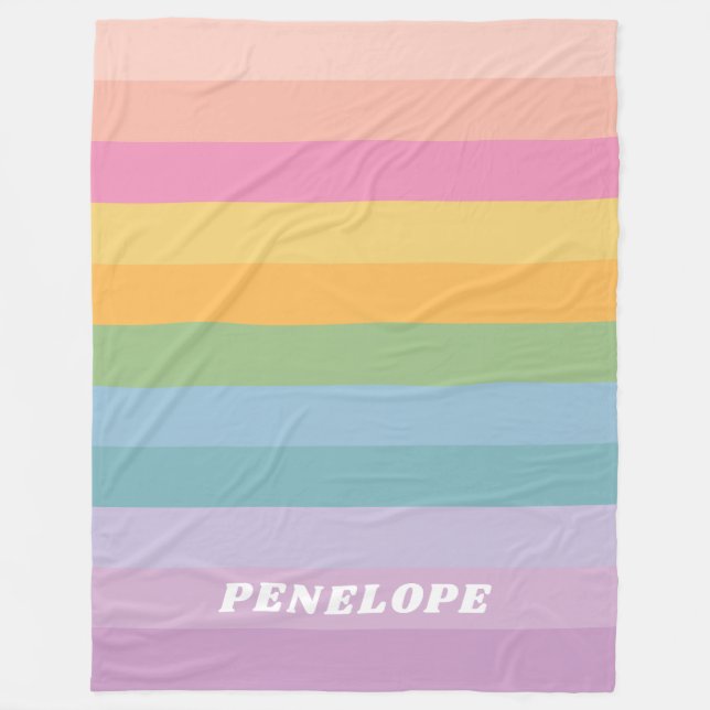 Cute Pastel Rainbow Stripes Personalized Name Fleece Blanket (Front)