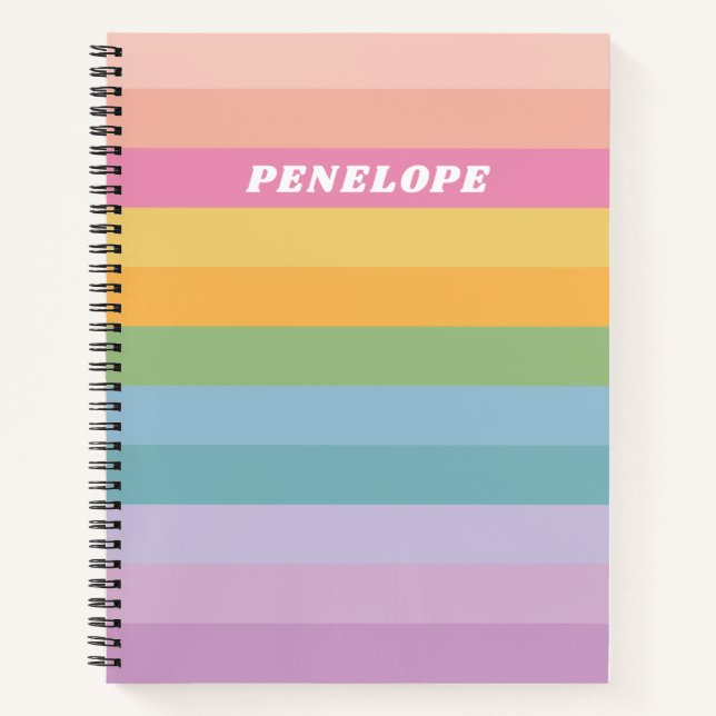 Cute Pastel Rainbow Stripes Personalized Name Notebook (Front)