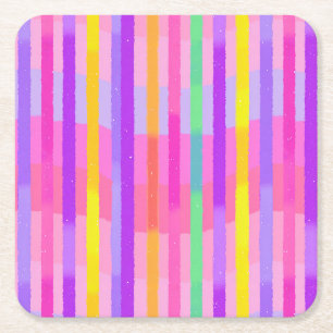 Cute Pastel Rainbow Stripes Square Paper Coaster