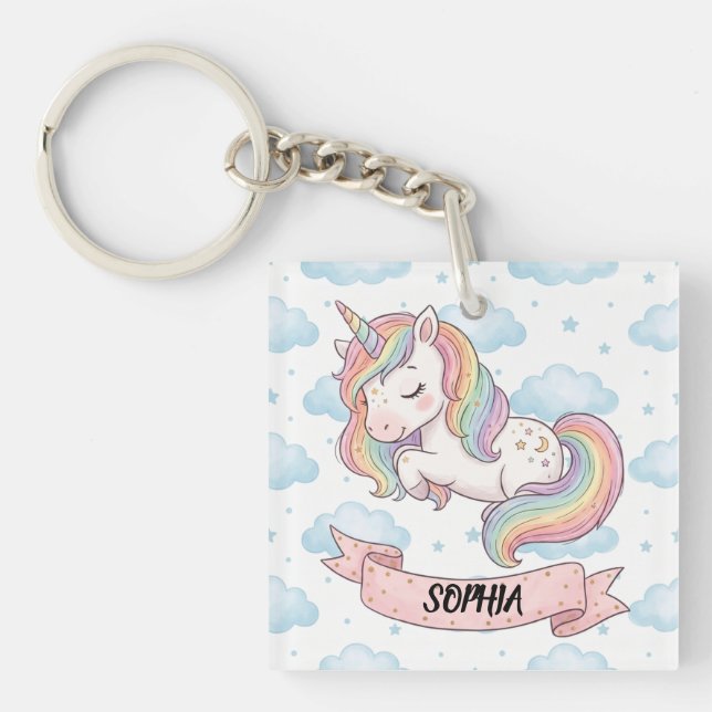 Cute Pastel Rainbow Unicorn Clouds Personalized Keychain (Front)